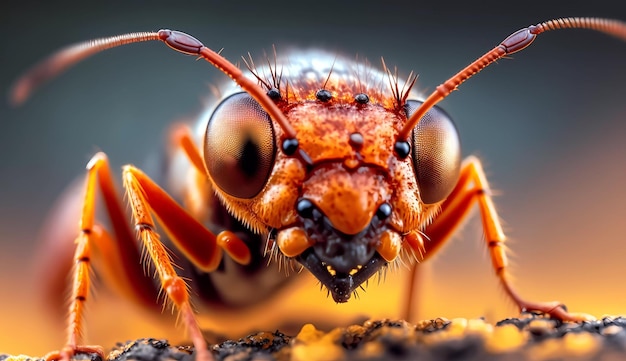 Un primo piano di una formica rossa con uno sfondo nero