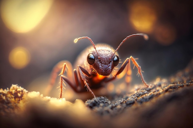 Un primo piano di una formica rossa con uno sfondo sfocato