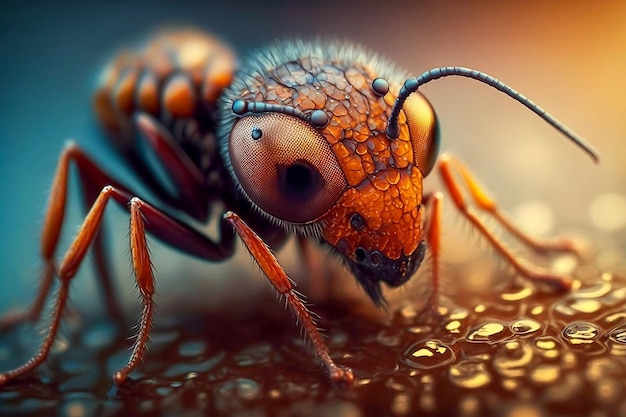 Un primo piano di una formica rossa su una superficie ruvida circondata da un ambiente sfocato