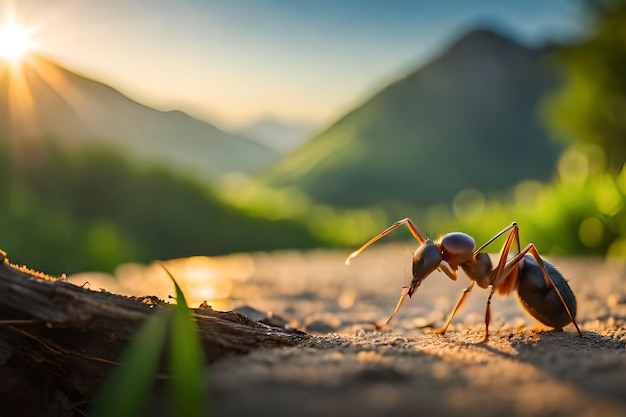 Un primo piano di una formica su una superficie di legno con una montagna sullo sfondo