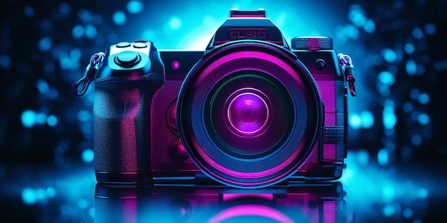 Un primo piano di una fotocamera digitale con obiettivo Concetto della Giornata mondiale della fotografia Ai generativa