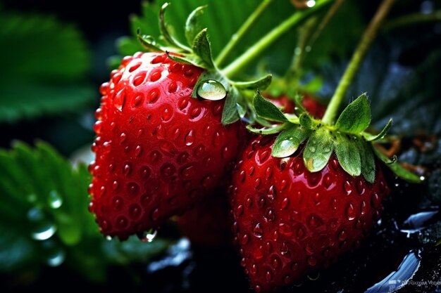 Un primo piano di una fragola con gocce d'acqua su di esso