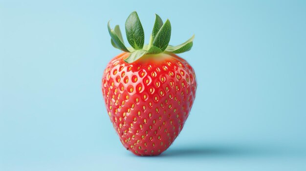 Un primo piano di una fragola fresca matura su uno sfondo blu La fragola è perfettamente matura con un colore rosso brillante e lucentezza