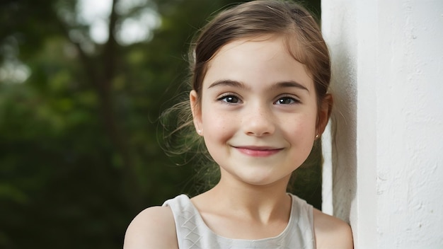 Un primo piano di una giovane ragazza affascinante con la pelle pulita perfetta che sorride dolcemente sulla parete bianca