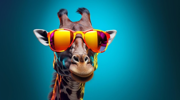 Un primo piano di una giraffa che indossa occhiali da sole