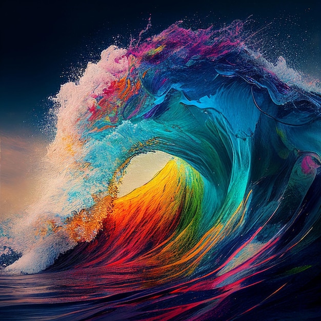 Un primo piano di una grande onda nell'oceano con colori colorati ai generativa