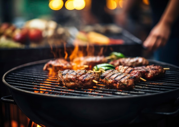 Un primo piano di una griglia con carne e verdure