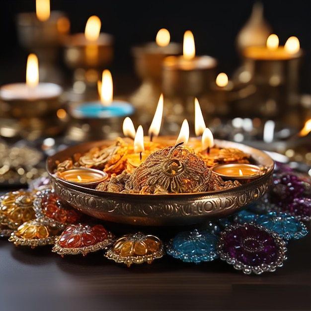 Un primo piano di una lampada Diya che brilla brillantemente nell'oscurità durante il Diwali