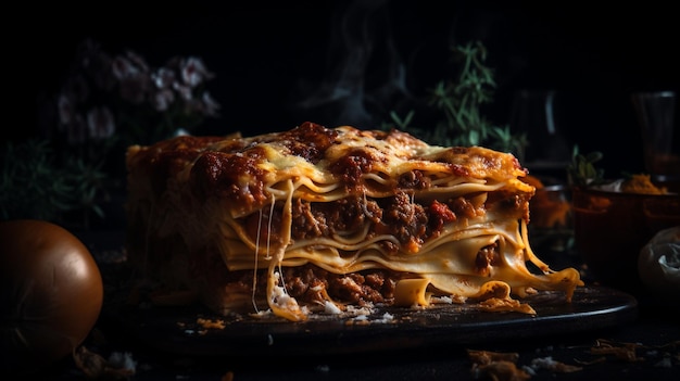 Un primo piano di una lasagna con sopra la carne.