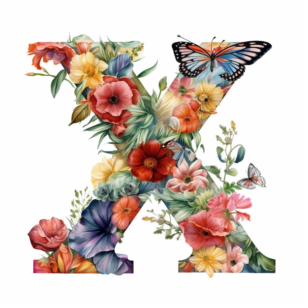 Un primo piano di una lettera k con una farfalla e fiori ai generativa