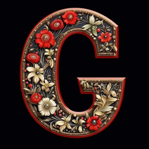 Un primo piano di una lettera maiuscola g con fiori e foglie ai generativa