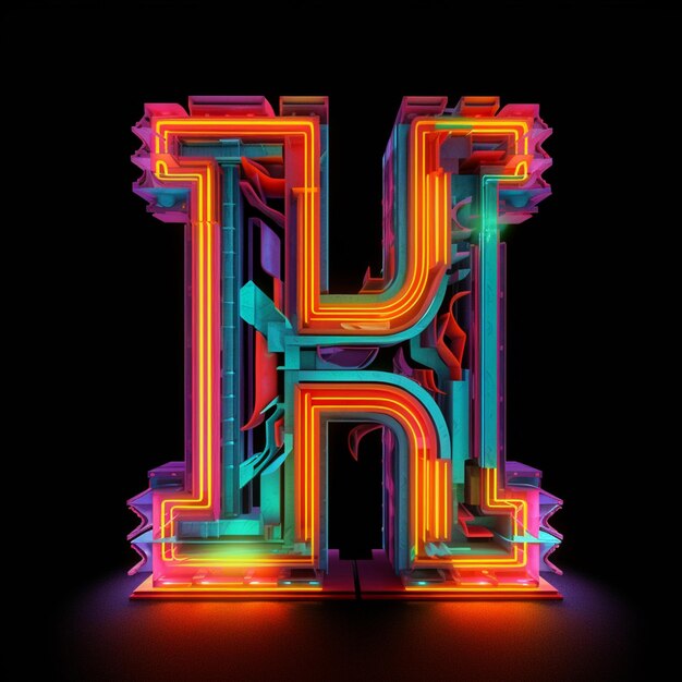 Un primo piano di una lettera neon illuminata h su uno sfondo nero generativo ai