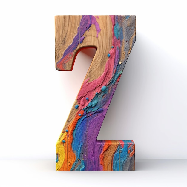 Un primo piano di una lettera z in legno con un disegno di vernice colorata ai generativo