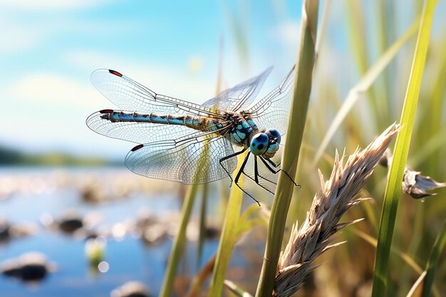 Un primo piano di una libellula appollaiata su una canna in un su 00046 03