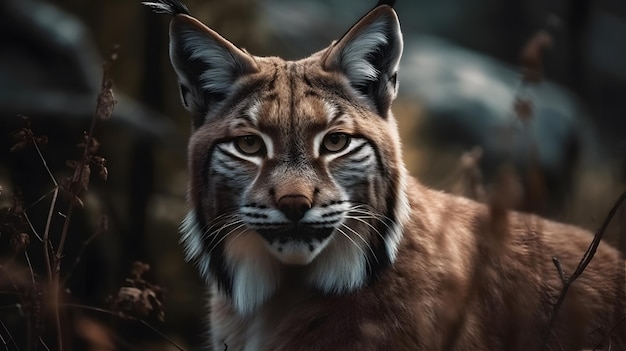 Un primo piano di una lince con uno sfondo scuro