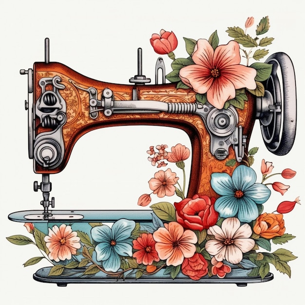 Un primo piano di una macchina da cucire con fiori su di essa