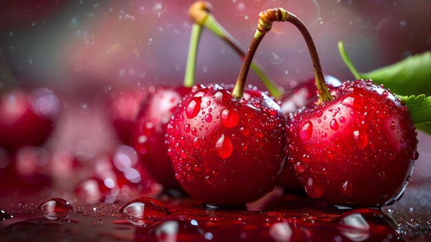 Un primo piano di una manciata di ciliegie fresche mature con gocce d'acqua sulla loro superficie