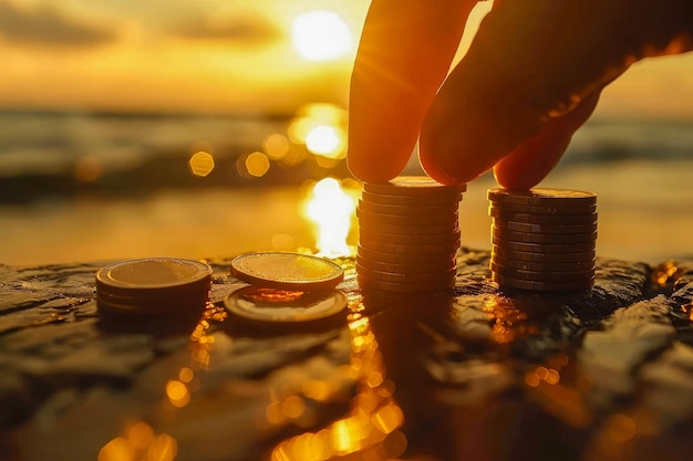 Un primo piano di una mano che impila attentamente le monete con un tramonto dorato sullo sfondo che simboleggia la crescita finanziaria e la strategia di investimento
