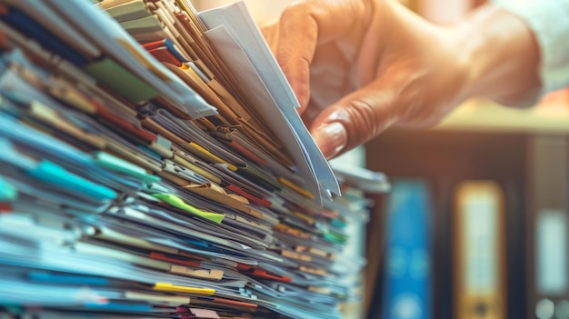 Un primo piano di una mano che prende un documento specifico da una pila meticolosamente organizzata che mostra l'importanza dei sistemi di archiviazione