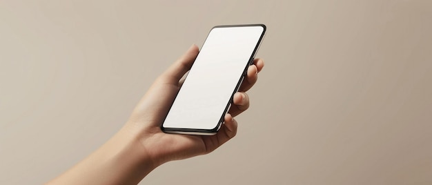 Un primo piano di una mano che presenta uno smartphone con uno schermo vuoto contro uno sfondo neutro