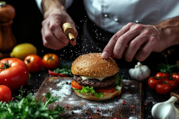 Un primo piano di una mano di un cuoco che assembla abilmente un hamburger con strati di patatine succose di lattu fresca