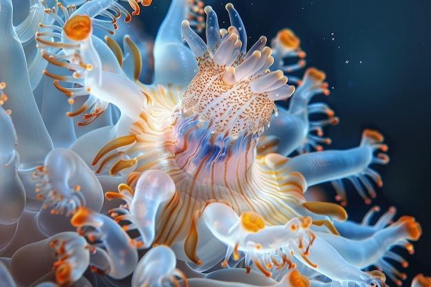 Un primo piano di una medusa su uno sfondo blu
