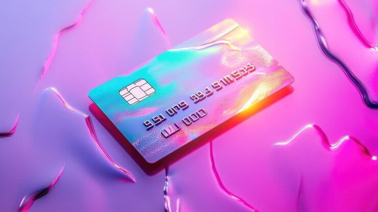 Un primo piano di una moderna carta di credito olografica su uno sfondo rosa e viola vivace