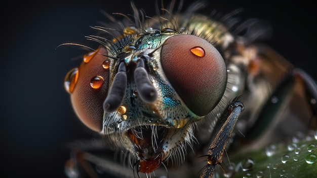 Un primo piano di una mosca con gli occhi aperti e gli occhi aperti.