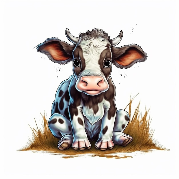 Un primo piano di una mucca seduta a terra con uno sfondo bianco ai generativo