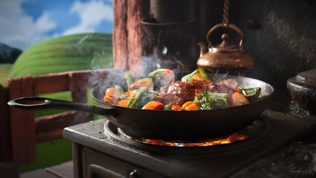 Un primo piano di una padella di ferro su una stufa di legno rustica