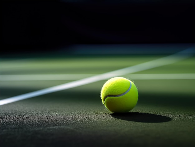 un primo piano di una pallina da tennis su un campo da tennis vicino