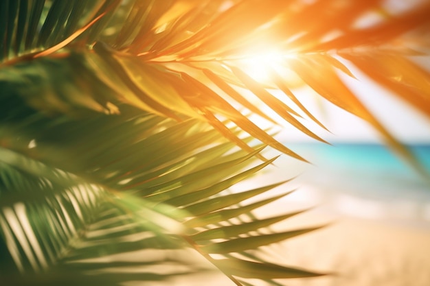 Un primo piano di una palma su una spiaggia con il sole che splende attraverso le foglie generative ai