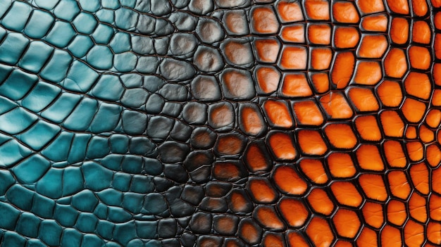 Un primo piano di una pelle di serpente arancione e blu
