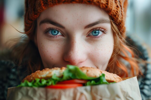 Un primo piano di una persona che mangia un panino