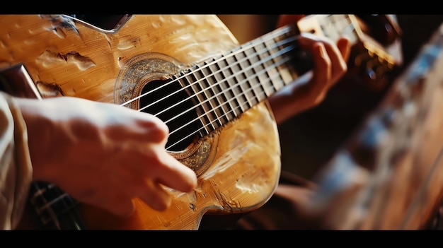 Un primo piano di una persona che suona una chitarra acustica