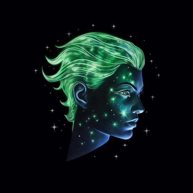 un primo piano di una persona con i capelli verdi e le stelle sul viso generativo ai