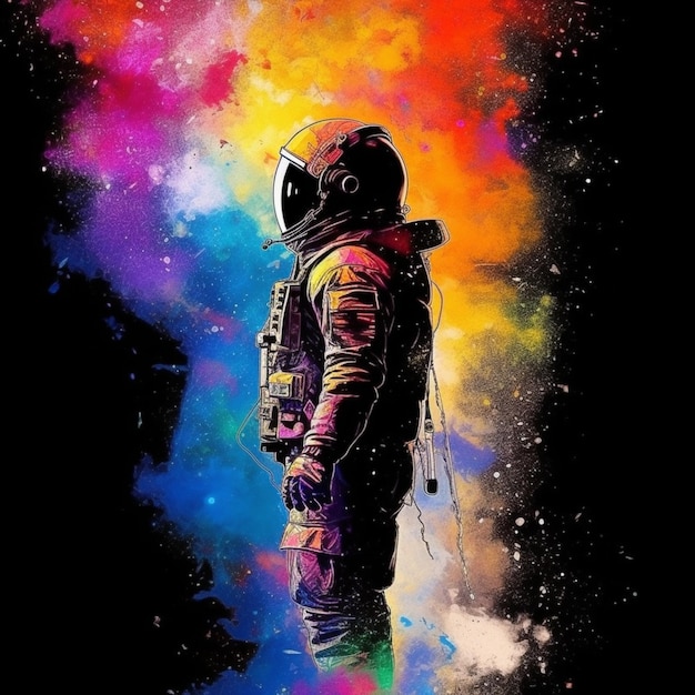 Un primo piano di una persona in una tuta spaziale con uno sfondo colorato ai generativo