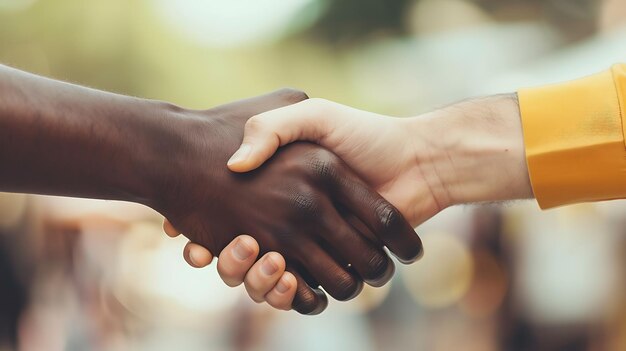 Un primo piano di una persona nera e una persona bianca che si stringono la mano la persona nera indossa un abito scuro e la persona bianca indossa una camicia gialla