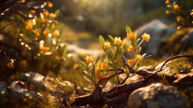 Un primo piano di una pianta con fiori gialli in primo piano