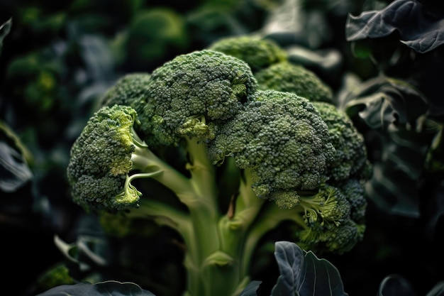 Un primo piano di una pianta di broccoli con foglie e la parola broccoli su di esso.
