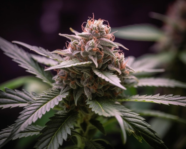 Un primo piano di una pianta di cannabis con uno sfondo viola