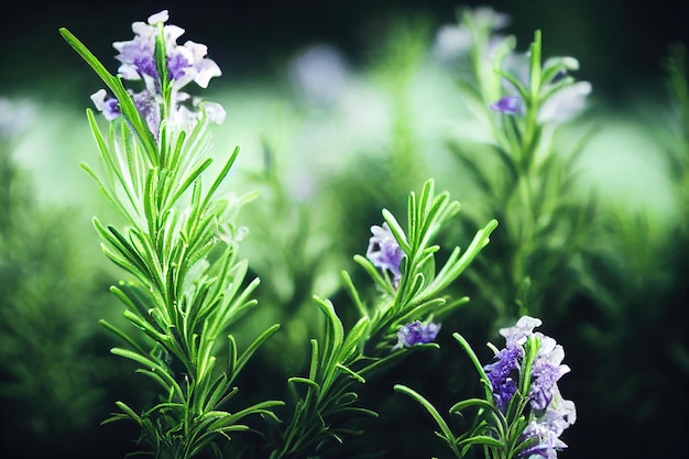 Un primo piano di una pianta di rosmarino con fiori viola