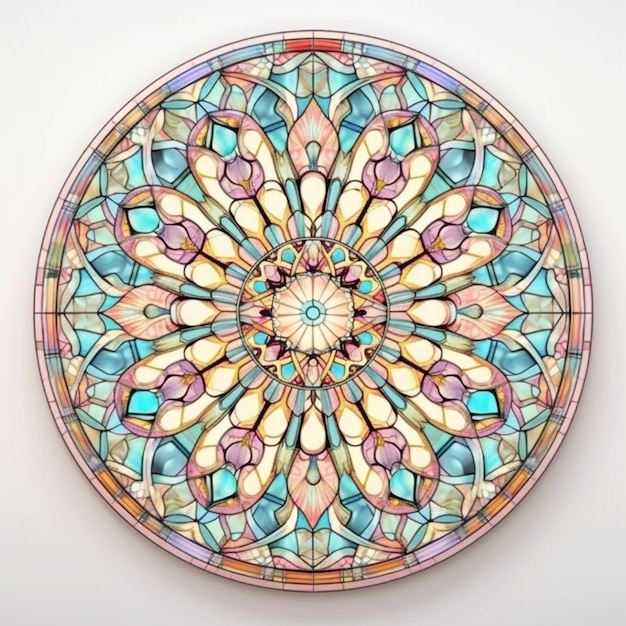 Un primo piano di una piastra di vetro colorato circolare con un design generativo di fiori ai