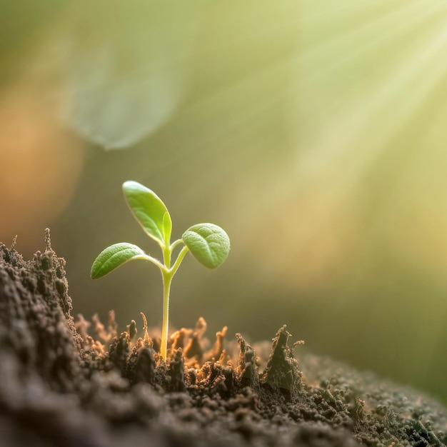 Un primo piano di una piccola piantina che emerge dal terreno con i raggi