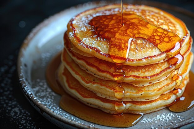 Un primo piano di una pila di pancake con lo sciroppo che gocciola dai lati