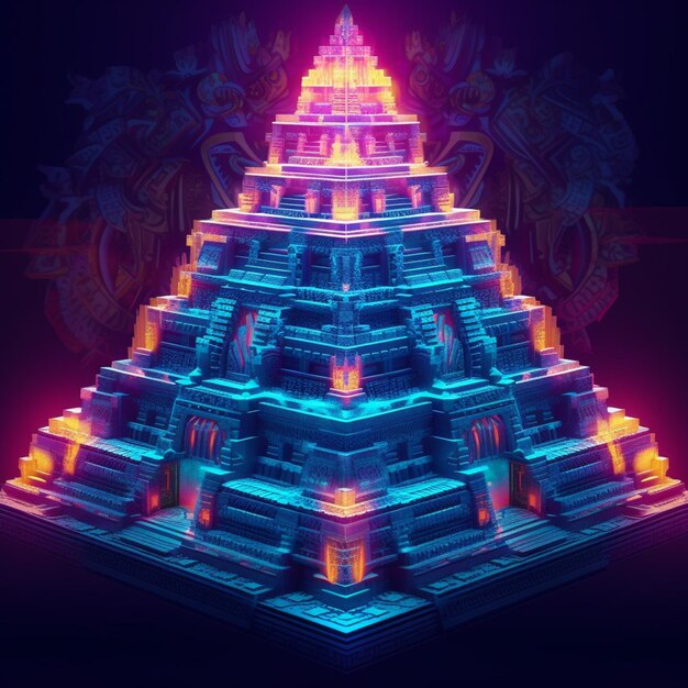 Un primo piano di una piramide con una luce al neon in cima ai generativa