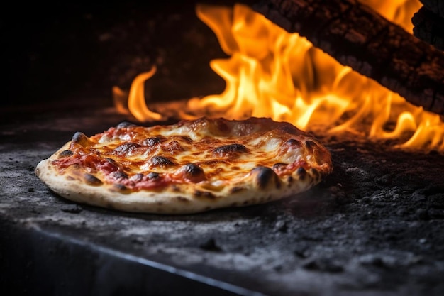 Un primo piano di una pizza che scivola su una superficie di pietra all'interno del forno