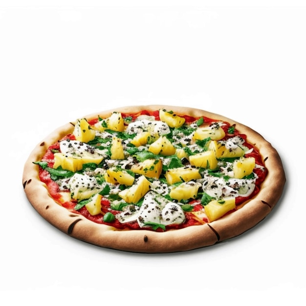 un primo piano di una pizza con condimenti di ananas su uno sfondo bianco