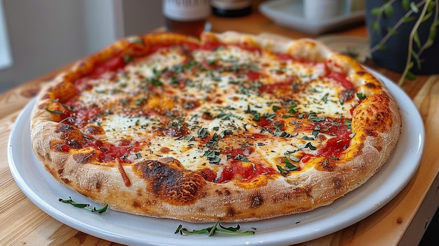 Un primo piano di una pizza su un piatto su un tavolo