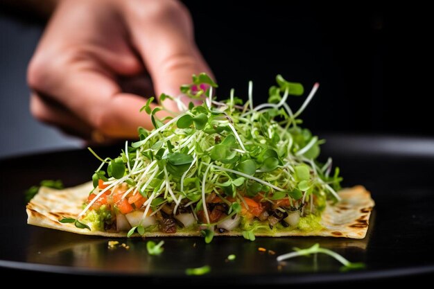 Un primo piano di una quesadilla che viene guarnita con